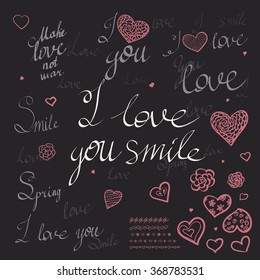 Romantic calligraphy hand drawn heart with words I love you. Wedding or Valentines day invitation card. Vector illustration