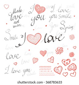 Romantic calligraphy hand drawn heart with words I love you. Wedding or Valentines day invitation card. Vector illustration