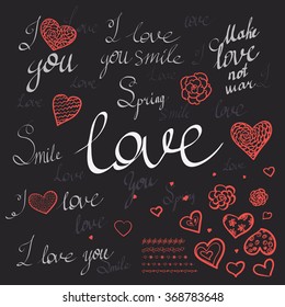 Romantic calligraphy hand drawn heart with words I love you. Wedding or Valentines day invitation card. Vector illustration