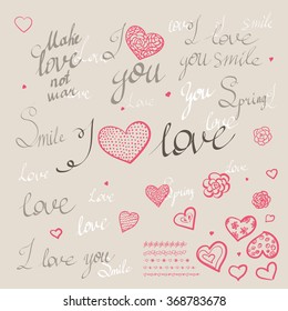 Romantic calligraphy hand drawn heart with words I love you. Wedding or Valentines day invitation card. Vector illustration