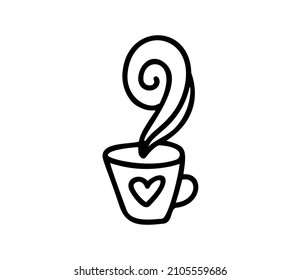 Caligrafía romántica monolvectorial Corazón en señal de amor de la taza. Icono dibujado a mano del día de San Valentín. Símbolo de concepto para camiseta, tarjeta de saludo, boda de afiches. Diseñar ilustración de elemento plano.