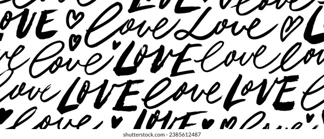 Romantic calligraphy seamless pattern with phrase Love. Hand drawn cursive lettering phrases. Vector modern script. Cursive text love you with small hearts. Romantic web banner pattern.