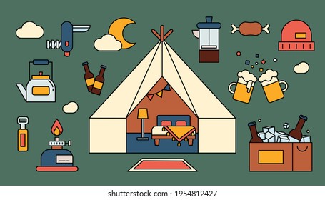 Romantic camping in Mongolian ger. Beer and a variety of camping equipment. outline simple vector illustration.