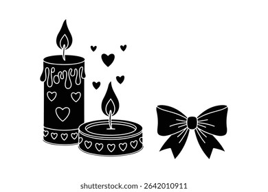 Romantic Candle and Bow Silhouette, Love Heart Valentine Clipart Design.