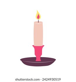 Romantic candle in candlestick. Calm and cozy atmosphere concept. Cartoon flat vector illustration.