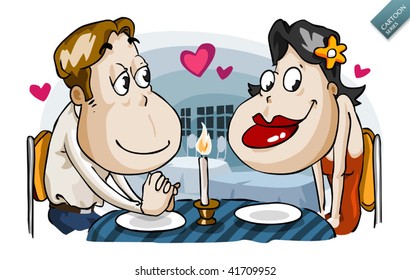 Romantic candle light dinner by lovers. Detailed cartoon vector series in isolated white.