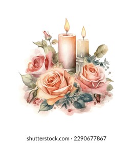 Romantic candle light with roses in watercolor