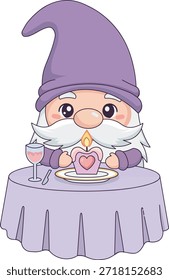 Carácter romántico del gnomo de la cena de la vela, ilustración retro de la noche de la fecha del día de San Valentín del estilo de los años 80, Gonk estético pastel lindo que tiene comida romántica.