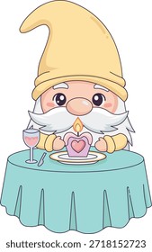 Romantic Candlelight Dinner Gnome Character, 80s Retro Style Valentine's Day Date Night Illustration, Cute Pastel Aesthetic Gonk Having Romantic Meal.