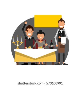 Romantic candlelit dinner in the restaurant. The waiter serves a table. Vector illustration isolated on white background.
