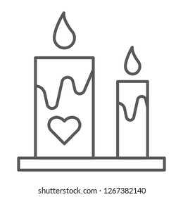 Romantic candles thin line icon, romance and love, candle with heart sign, vector graphics, a linear pattern on a white background, eps 10.
