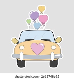 Romantic Car with Heart Balloons. Illustration of a yellow car adorned with colorful heart-shaped balloons, perfect for themes of love, celebration, and transportation