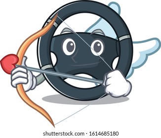 Romantic car steering Cupid cartoon character with arrow and wings
