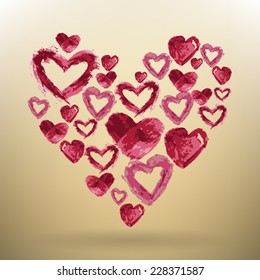 romantic card or background design with red watercolor hearts
