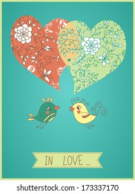 Romantic card with birds in love. Could use as Invitation card for wedding, valentines day. Vector illustration