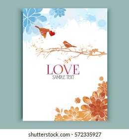 Romantic Card With Birds In Love  On  Branches, Watercolor, Vector