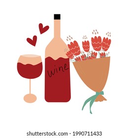 Romantic card. Bottle and glass of wine with a bouquet of flowers. Vector illustration 