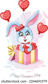 Romantic card with a bunny in a gift box, hearts and balloons