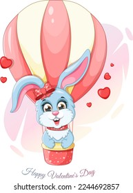 Romantic card with bunny, hearts and aerostat