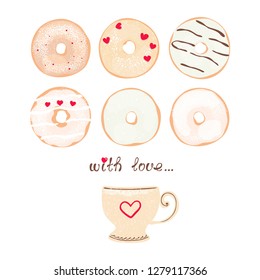 Romantic card of coffee cup, collection glazed donuts pastel colors and text with love on white background. Vector illustration in flat style.