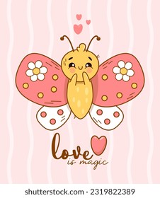 Romantic card. Cute cartoon butterfly in love on striped light pink background with inscription Love is magic. Groovy vector Illustration 