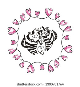 Romantic card with cute cartoon cats. Vector illustration