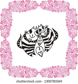 Romantic card with cute cartoon cats. Vector illustration