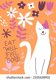 Tarjeta romántica con un lindo gato y flores. Ilustración vectorial para postales, afiches, camisetas.                                    