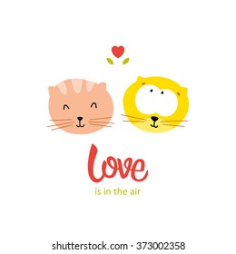 Romantic card with cute cats in love. Colorful cartoon vector illustration. Valentine's day card.