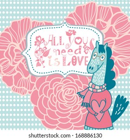 Romantic card with cute horse, rose and background. Vintage wedding design invitation with place for text.