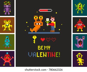 Romantic card with cute pixel monster and beautiful knight. Vector illustration.