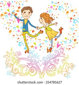 Romantic card with cute roller skate love couple, floral love lettering. Can be used for cards, invitations, fabrics, wallpapers, stickers and decoration.