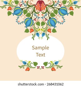 Romantic card design. Red and blue flowers in folkloric style