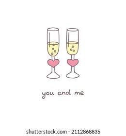 Romantic Card. Doodle illustration of two champagne glasses decorated with a pink hearts and hand writing text "you and me" isolated on a white background. Valentine's Day template. Vector 10 EPS.