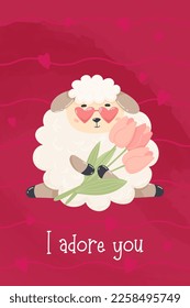 Romantic card with enamored cute sheep with bouquet of tulips. Vector illustration in cartoon flat style. vertical poster valentine with inscription I adore you