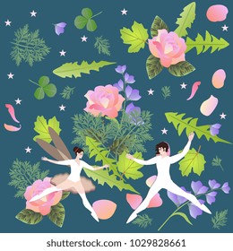 Romantic card with fairy and elf on a background of beautiful flowers and a starry sky. Vector summer design. Wedding invitation.