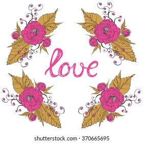 Romantic card with flowers. Beautiful hand drawn vector illustration, theme for Valentine's day.