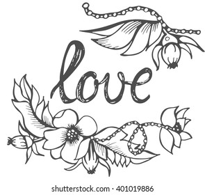 Romantic card with flowers and leaves. Vector sketch illustration for wedding, valentine day. Beautiful background. Vintage hand drawn elements.