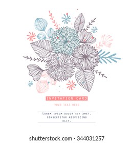Romantic card with flowers.Template for wedding, mothers day, birthday, invitations. Hearts, flowers, ribbons, wreaths, laurels, jar.
