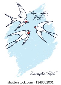 romantic card with flying colorful swallows, sketch style, vector illustration