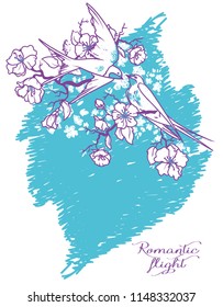 romantic card with flying swallows couple and bloomig tree branches, sketch style, vector illustration