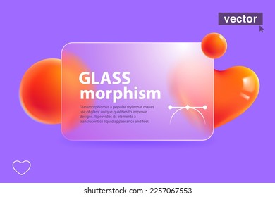 Romantic card in glassmorphism style. Frosted matte screen with blurred red hearts and spheres. Vector template for Valentine's Day banner, medical art, wedding presentation, dating app, gift adv.