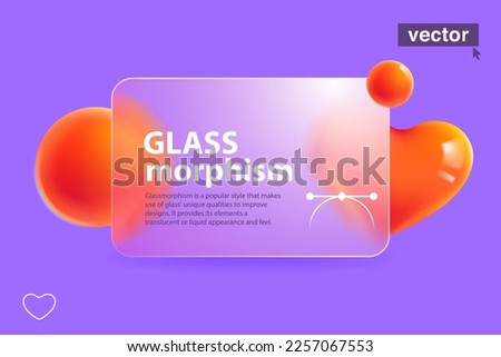 Romantic card in glassmorphism style. Frosted matte screen with blurred red hearts and spheres. Vector template for Valentine's Day banner, medical art, wedding presentation, dating app, gift adv.