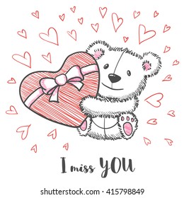 Romantic card with hand drawn cute bear holding heart. I  miss you. Vector illustration