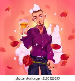 Tarjeta romántica con un joven apuesto con copa de vino y rosa roja. Dibujo vectorial de personaje masculino con camisa morada con espuma en la cabeza, champán, flor y pétalos caídos