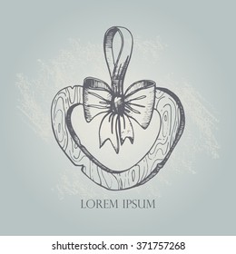 Romantic card with a heart cut out from a wooden board with a bow from a tape.Vector illustration.Devoted to St. Valentine's Day.