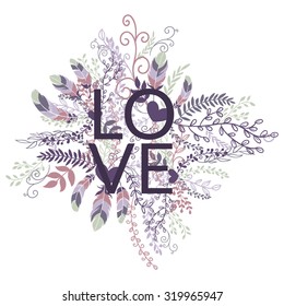Tarjeta romántica con elementos y plumas cardíacas y florales. Amor.