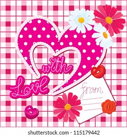 Romantic Card with heart and flowers on checked background