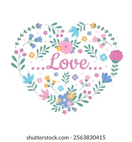 A romantic card with a heart made of flowers and the word 'Love