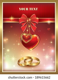 romantic card with heart and wedding rings